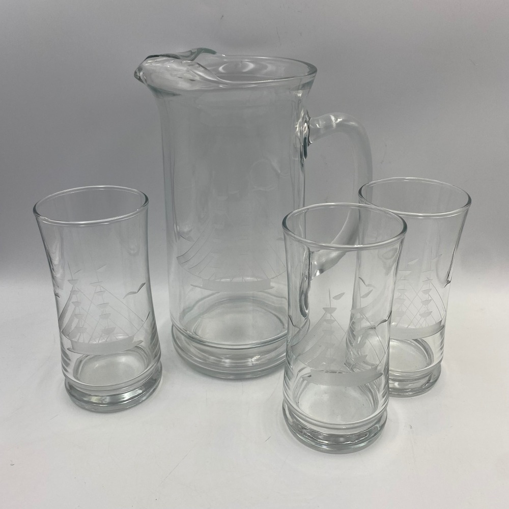 Vintage Etched Sailboat Glass Pitcher and 3 Highball Glasses Nautical Set Clear